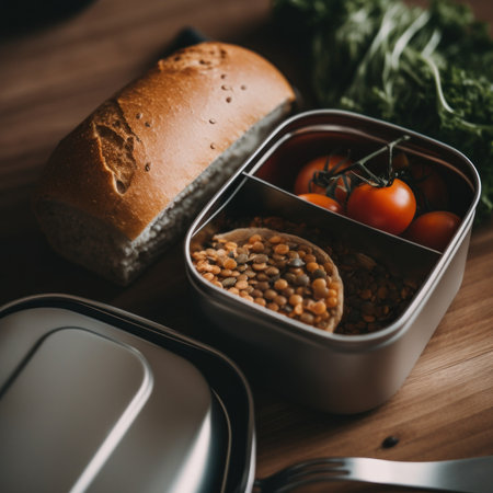A lunch box with a sandwich, beans and tomatoes. AI generative image.の素材