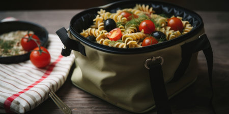 A soft lunch bag full of pasta with tomatoes and black olives. AI generative image.の素材