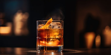 A glass filled with a drink sitting on top of a table. AI generative image.の素材