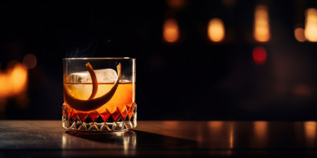 A glass filled with a drink sitting on top of a table. AI generative image.の素材