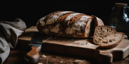 A loaf of sliced bread on top of a cutting board. AI generative image.の素材