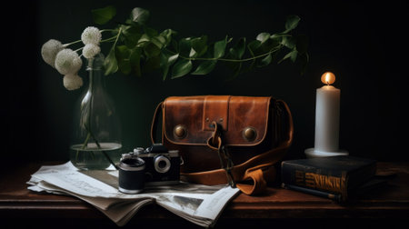 A camera, a book, a candle and a vase on a table. AI generative image. Still life.の素材