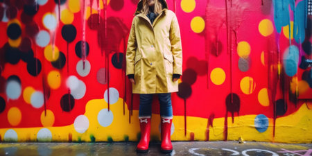 A woman wearing red rubber boots standing in front of a colorful wall. AI generative image.の素材