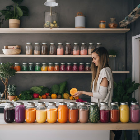 A woman standing in front of a counter filled with jars of juice. AI generative image.の素材