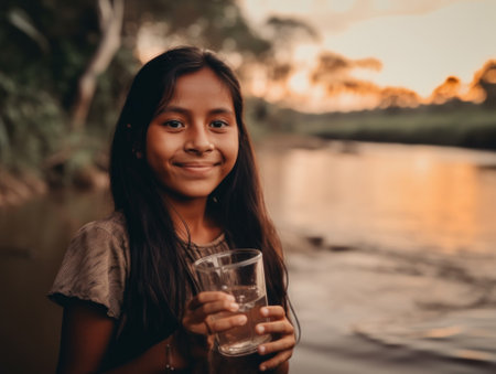 A young girl holding a glass of celan drinkable water, the very important thing to live. AI generative image.の素材