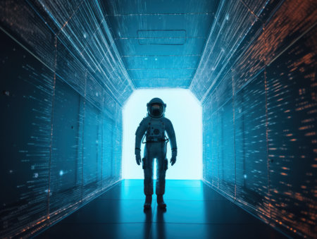 A man in a space suit walking through a tunnel. AI generative image.の素材