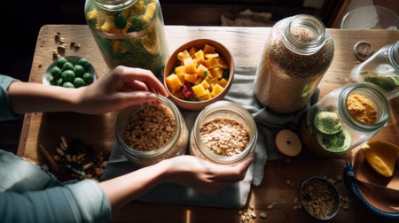 A wooden table topped with jars filled with food. AI generative image.の素材
