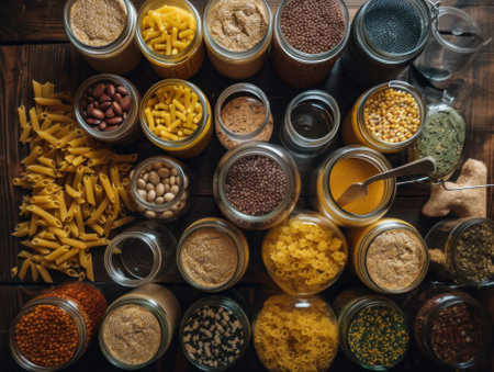 A wooden table topped with jars filled with different types of food. AI generative image.の素材