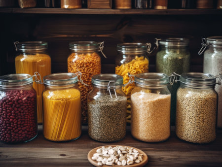 A wooden table topped with jars filled with different types of food. AI generative image.の素材