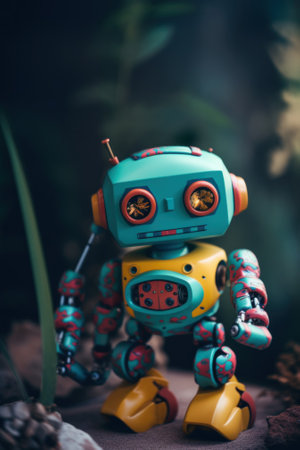 A toy robot is standing on a rock. AI generative image.の素材