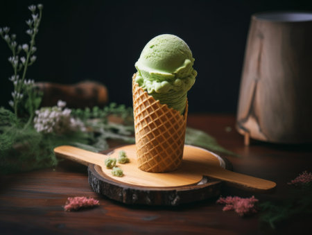 A scoop of green ice cream in a waffle cone. AI generative image.の素材