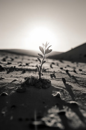 A small plant sprouting out of the sand. AI generative image.の素材