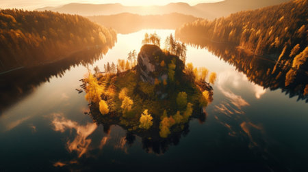 A small island in the middle of a lake. AI generative image.の素材