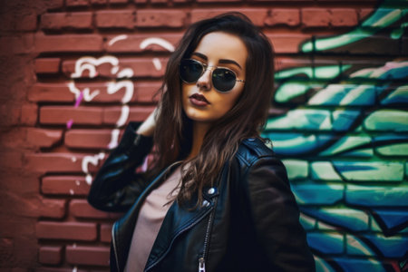 A woman wearing a leather jacket and sunglasses. AI generative image.の素材