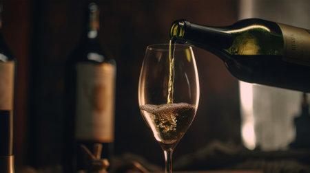 A bottle of wine being poured into a glass. AI generative image.の素材