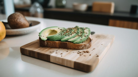 A wooden cutting board topped with sliced avocado. AI generative image.の素材