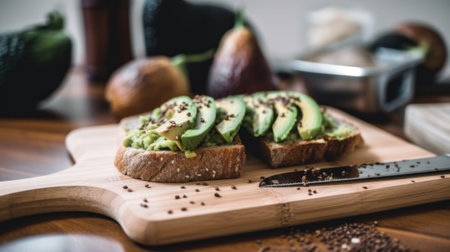 A wooden cutting board topped with sliced avocado. AI generative image.の素材