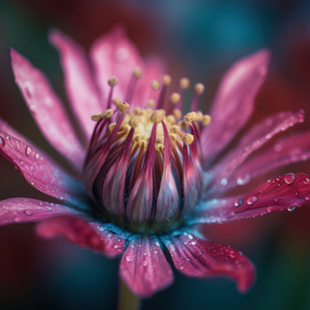 A close up of a pink flower with water droplets. AI generative image.の素材