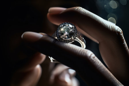A close up of a person holding a diamond ring. AI generative image.の素材