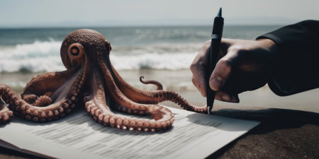 A person writing on a piece of paper with an octopus on it. AI generative image.の素材