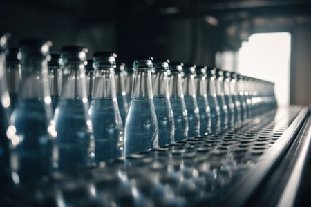 A row of empty bottles on a conveyor belt. AI generative image.の素材