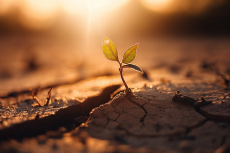 A small plant sprouting out of the ground. AI generative image.の素材