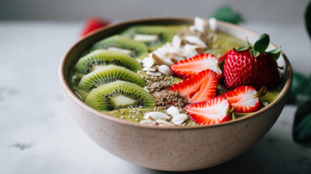 A bowl of kiwi, strawberries, and other fruits. AI generative image.の素材
