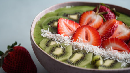 A bowl filled with kiwi and strawberries. AI generative image.の素材