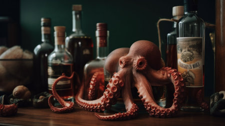 An octopus is sitting on a table next to bottles. AI generative image.の素材
