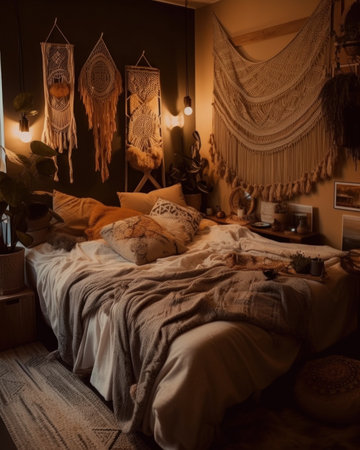 A bed with a lot of pillows on it. AI generative image.の素材