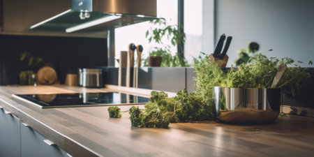 A kitchen counter with a bunch of vegetables on it. AI generative image.の素材