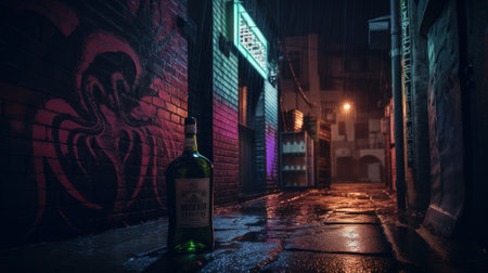 A bottle of wine sitting on the side of a street. AI generative image.の素材