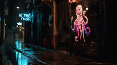 A neon octopus is painted on the side of a building. AI generative image.の素材