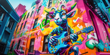 A giraffe with a guitar in front of a building. AI generative image.の素材