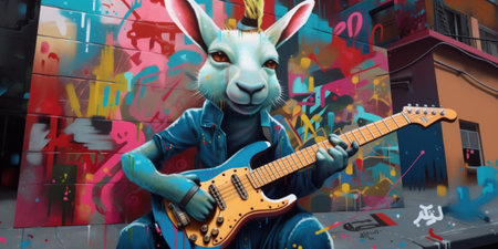 A rabbit playing a guitar in front of a graffiti wall. AI generative image.の素材