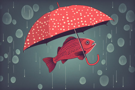 A fish that is holding an umbrella in the rain. AI generative image.の素材