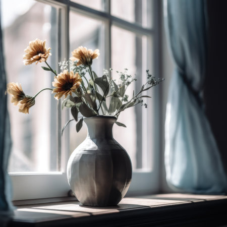 A vase filled with flowers sitting on a window sill. AI generative image.の素材
