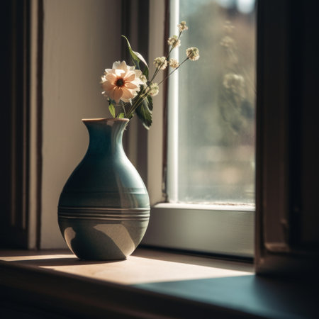 A vase of flowers sitting on a window sill. AI generative image.の素材