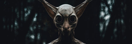 A creepy alien with big eyes standing in front of a forest. AI generative image.の素材