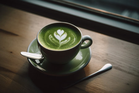 A cup of matcha latte green tea on a saucer with a spoon. AI generative image.の素材