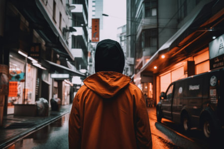 A person walking down a city street at night. AI generative image.の素材