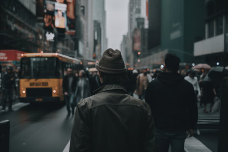 A man in a hat is walking down the street. AI generative image.の素材