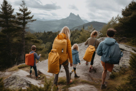 A big family with backpacks walking up a hill. AI generative image.の素材