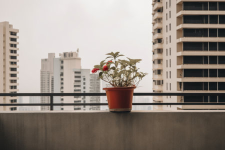 A potted plant sitting on top of a balcony. AI generative image.の素材