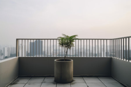 A potted plant on a balcony overlooking a city. AI generative image.の素材