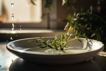 A sprig of rosemary sits in a bowl of water. AI generative image.の素材