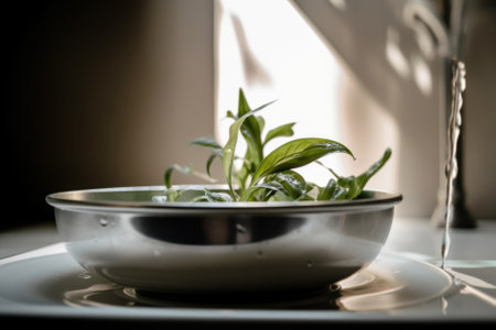 A bowl with a plant in it sitting on a plate. AI generative image.の素材