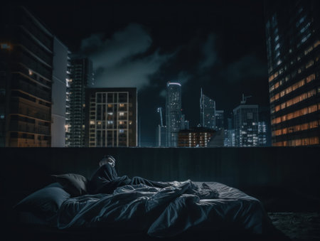 A person laying on a bed in a dark room. AI generative image.の素材