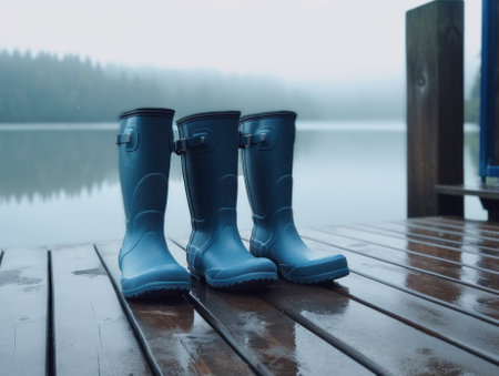 Tree of blue rain boots sitting on a dock. AI generative image.の素材