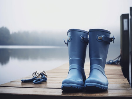 A pair of blue rain boots sitting on a dock. AI generative image.の素材
